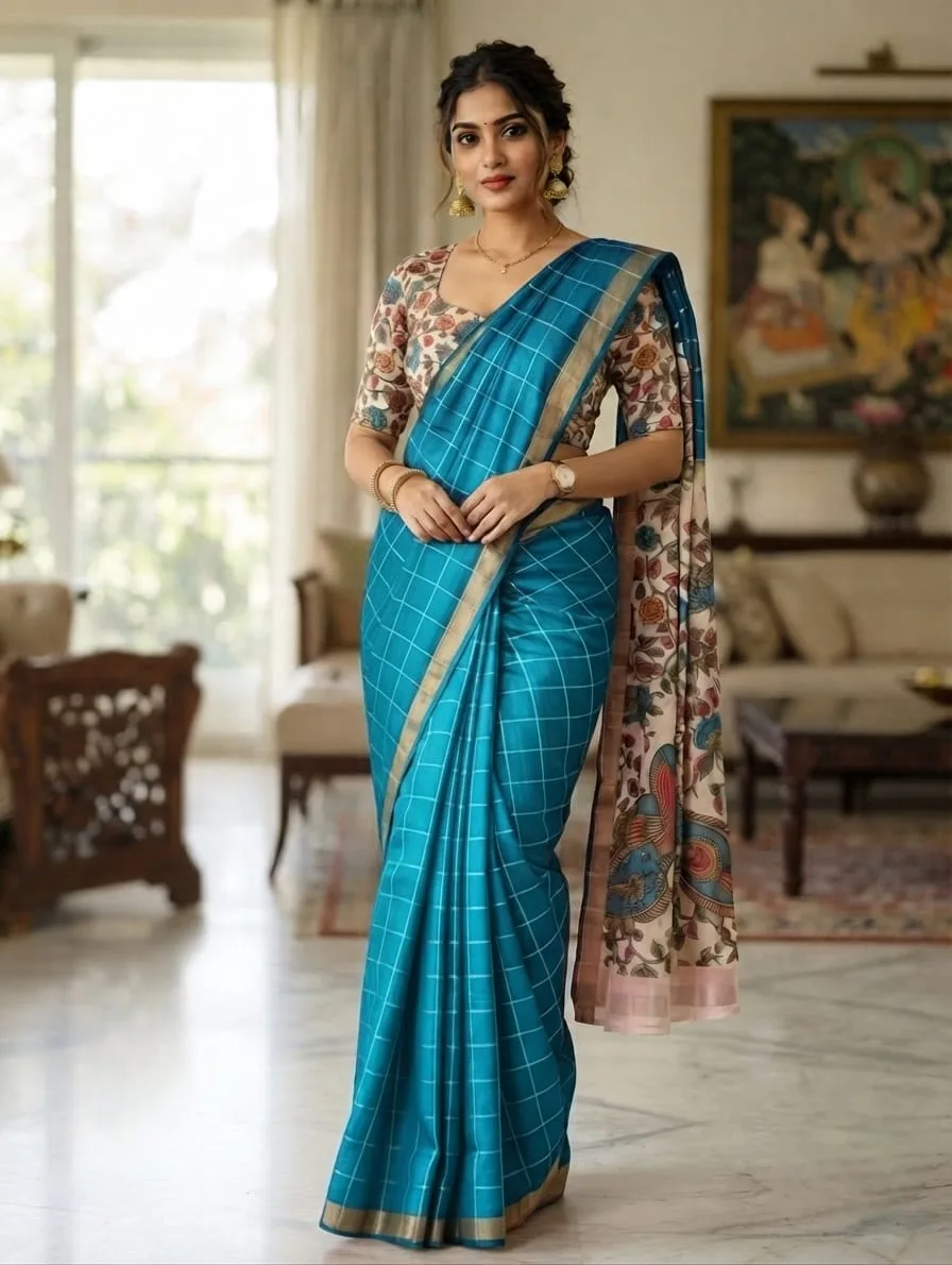 Kalamkari Pallu Checks Linen Cotton Saree
